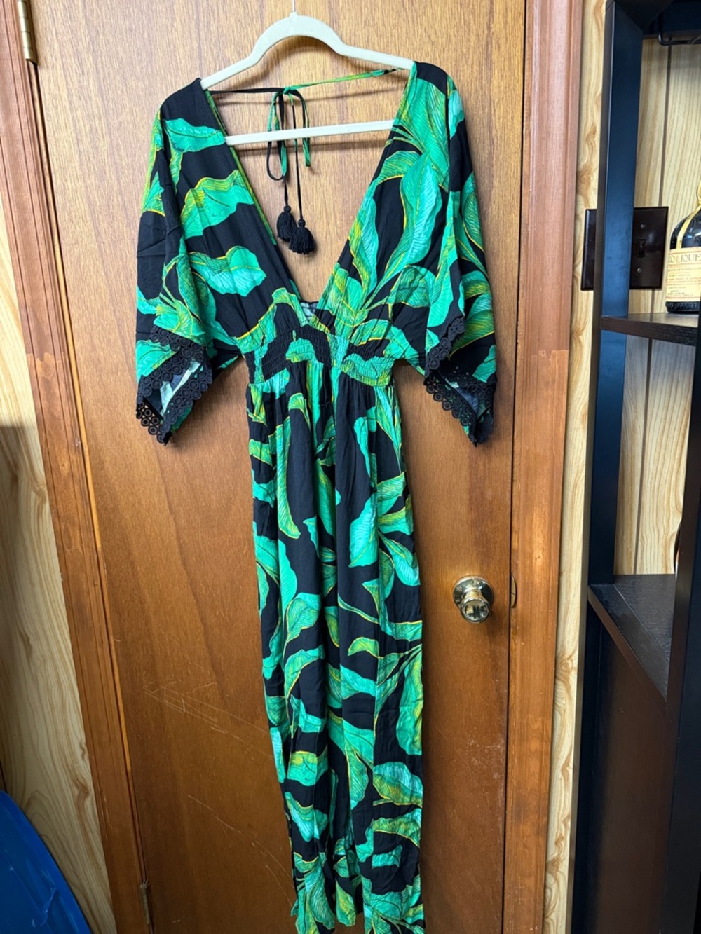 Forever 21 Black Maxi Dress with Green Leaf Print and Tassel Tie